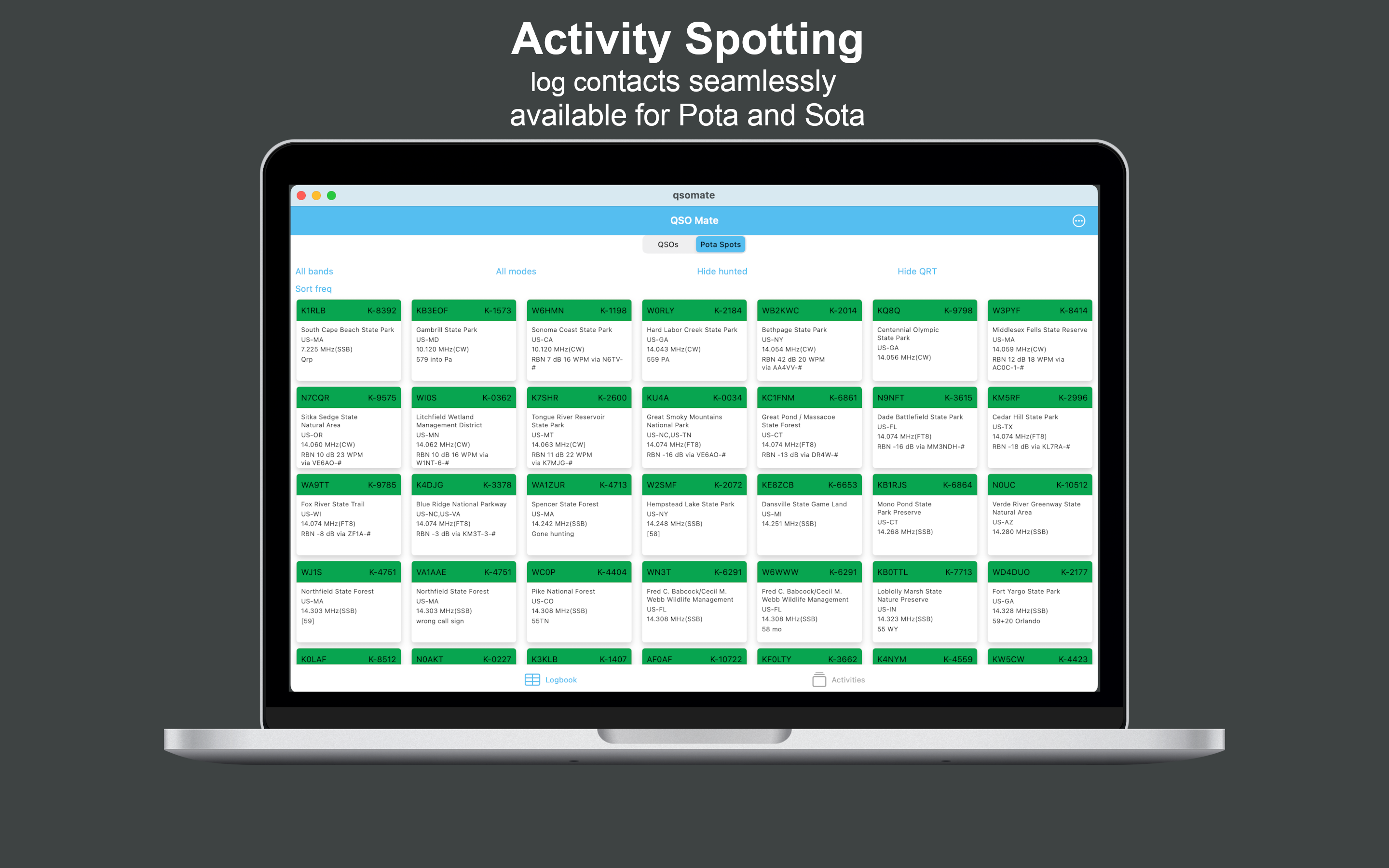 QSOMate POTA spots screen on Mac