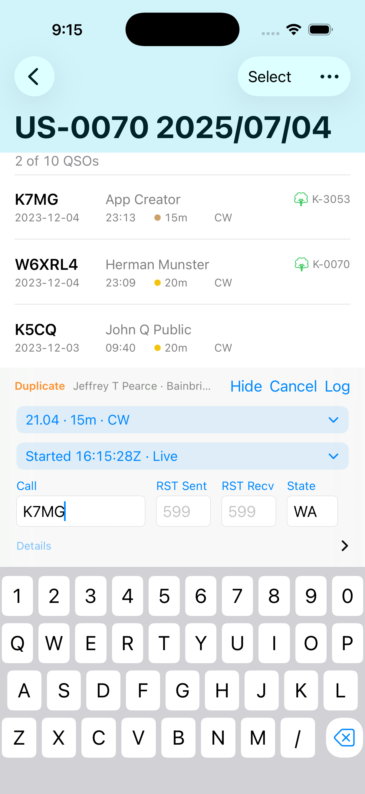 QSOMate 3.0 editing screen on iPhone