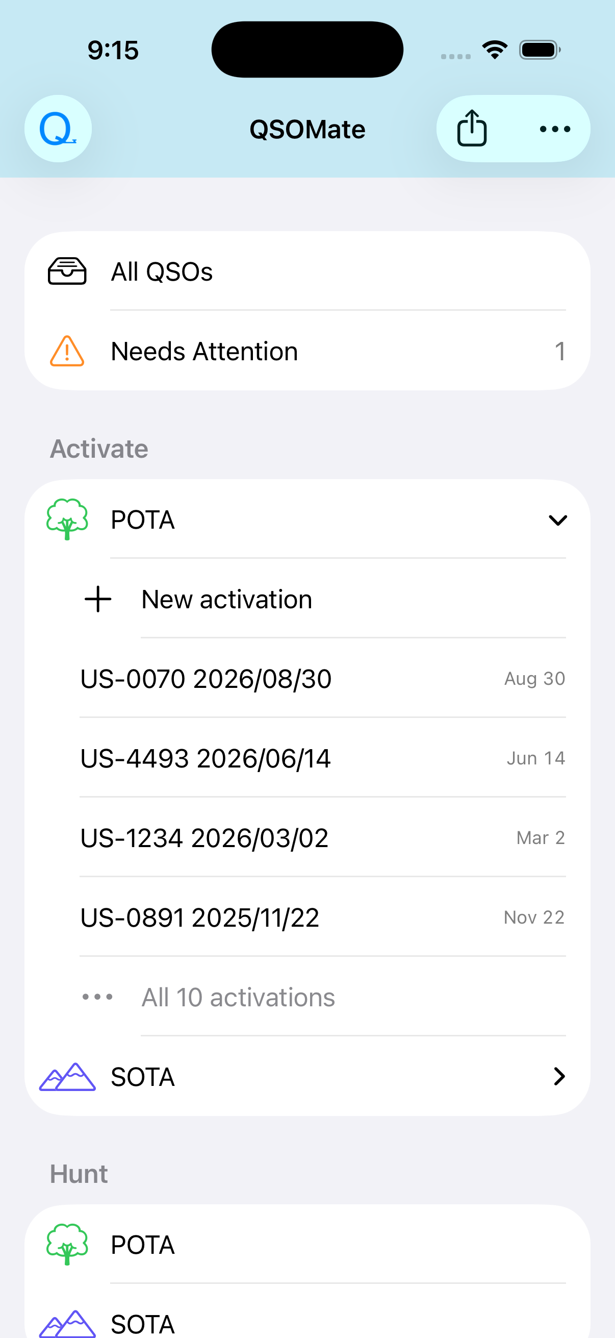 QSOMate 3.0 main screen on iPhone