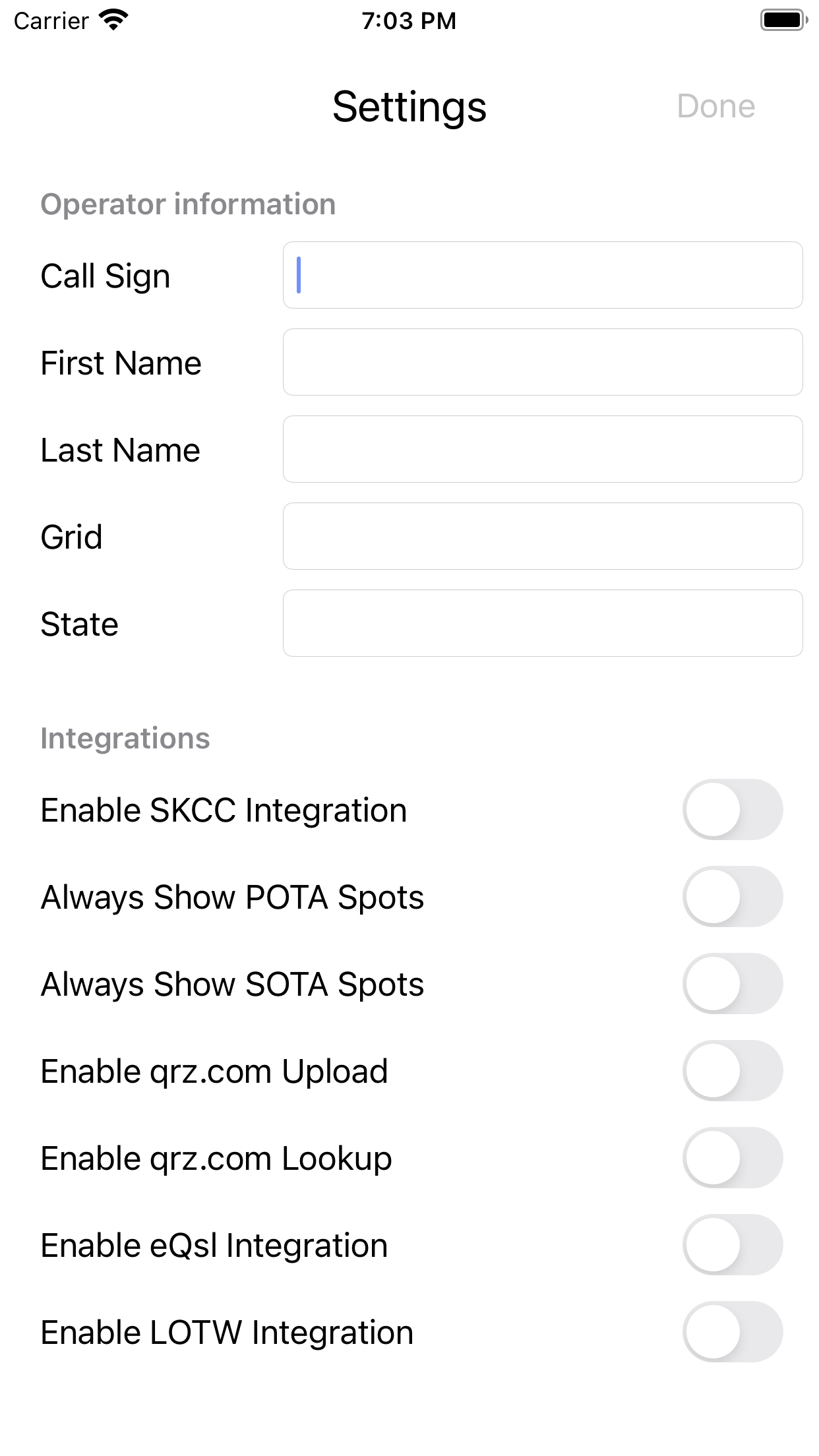 QSOMate Settings screen